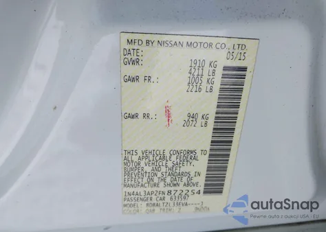 2015 Nissan Altima 2.5 Sl z USA, uszkodzony, nr VIN 1N4AL3AP2FN872254